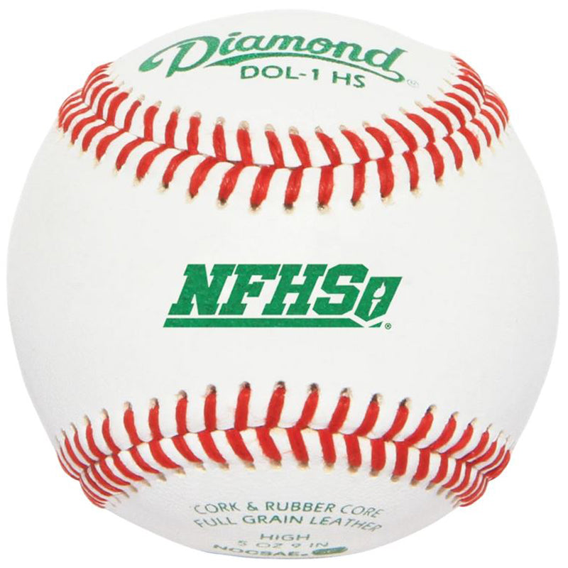 A close-up of the Diamond DOL-1 NFHS NOCSAE Baseball shows white leather with red stitching and green text: “Diamond DOL-1 HS” and “NFHS,” plus cork and rubber core details.