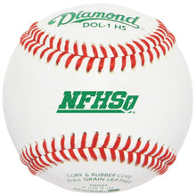 A close-up of the Diamond DOL-1 NFHS NOCSAE Baseball shows white leather with red stitching and green text: “Diamond DOL-1 HS” and “NFHS,” plus cork and rubber core details.