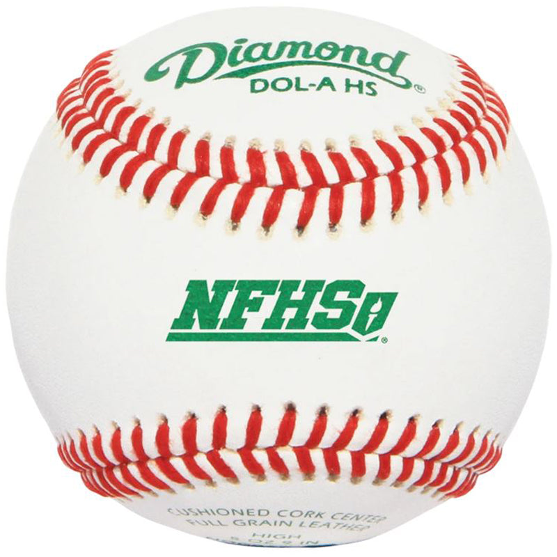 The Diamond DOL-A NFHS NOCSAE Baseballs: DOL-A HS features white leather with red stitching and green text displaying the brand and model, highlighting its premium quality and including smaller print near the bottom.