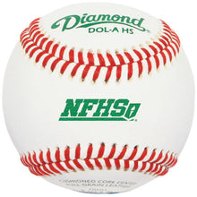 The Diamond DOL-A NFHS NOCSAE Baseballs: DOL-A HS features white leather with red stitching and green text displaying the brand and model, highlighting its premium quality and including smaller print near the bottom.