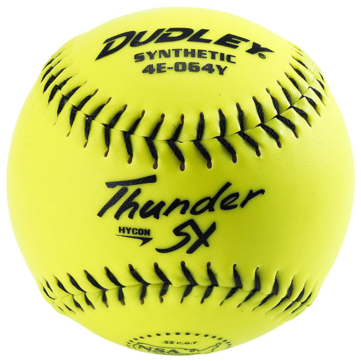 A bright yellow Dudley NSA Thunder SY Hycon 11" 52/275 synthetic slowpitch softball (model 4E064Y) with black stitching and printed text, including Dudley, Synthetic, and NSA Thunder Hycon.