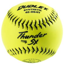 A bright yellow Dudley NSA Thunder SY Hycon 11" 52/275 synthetic slowpitch softball (model 4E064Y) with black stitching and printed text, including Dudley, Synthetic, and NSA Thunder Hycon.