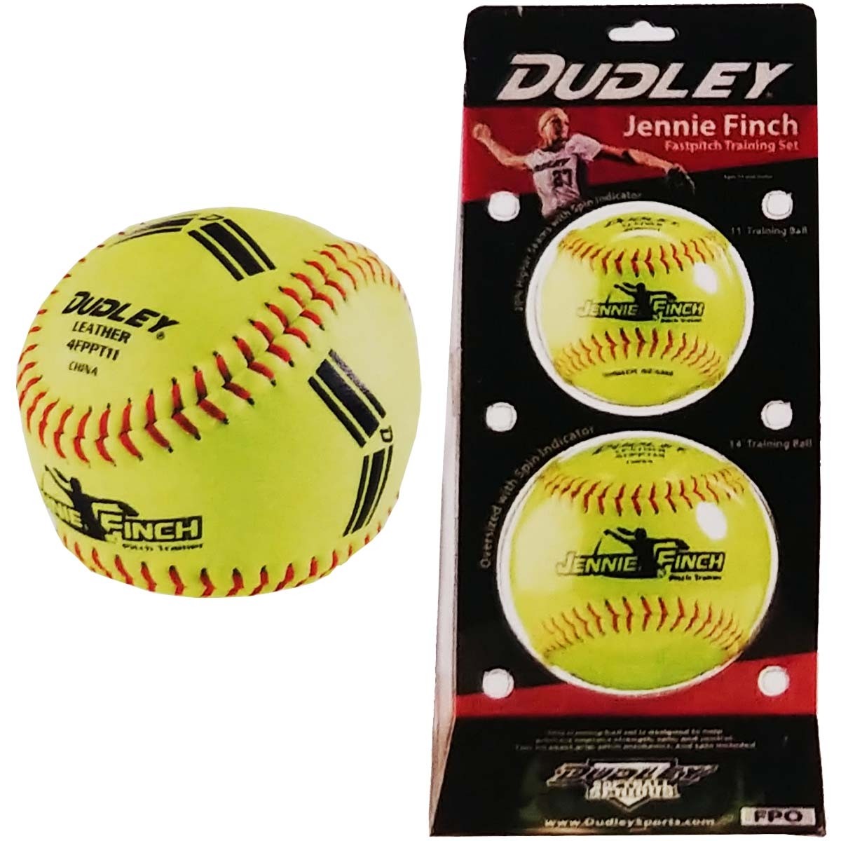 The Dudley Jennie Finch Training Softballs (Set of 2): 4FPPT feature yellow leather fastpitch softballs with red stitching and black lettering—ideal for any softball pitching trainer.