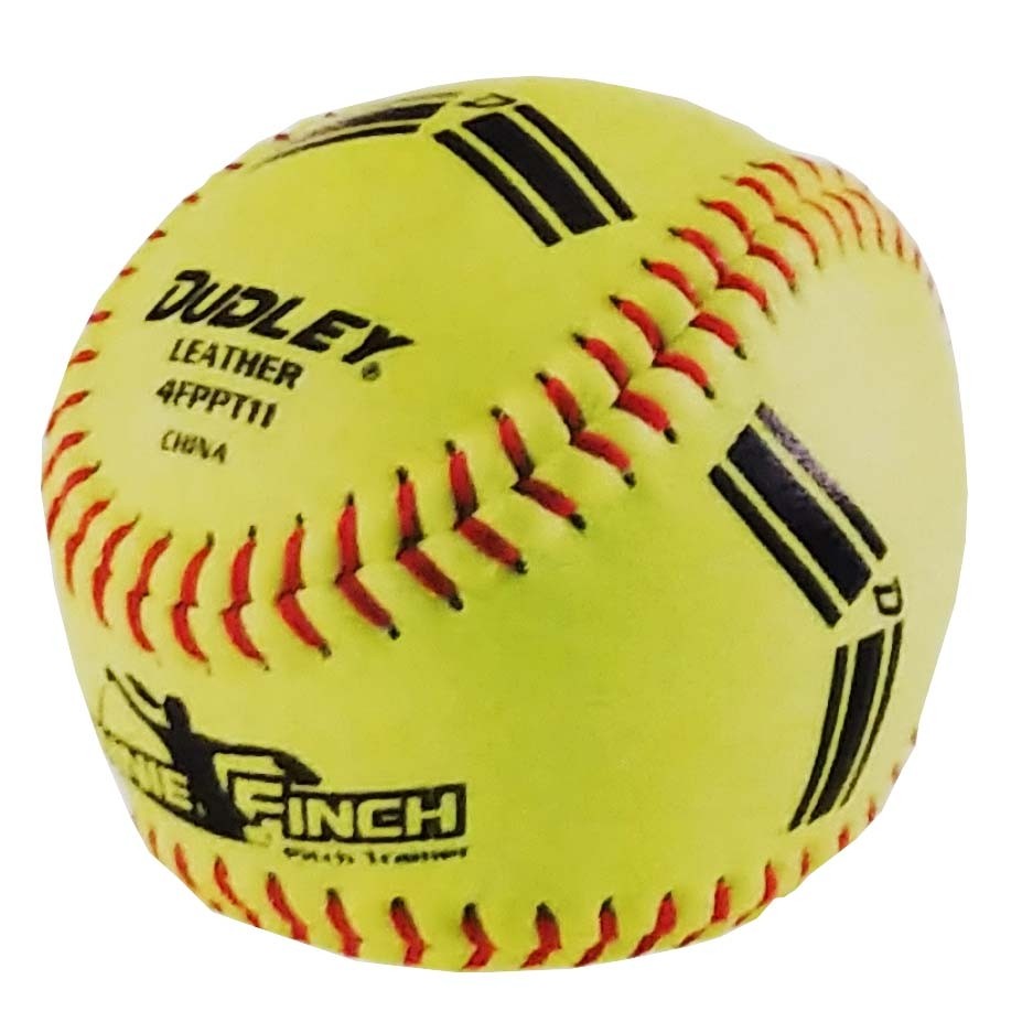 The Dudley Jennie Finch Training Softballs (Set of 2): 4FPPT feature a yellow cover with red stitching, black details, and are perfect for fastpitch training or completing your Jennie Finch softball set. Brand: Dudley. Slightly irregular shape.