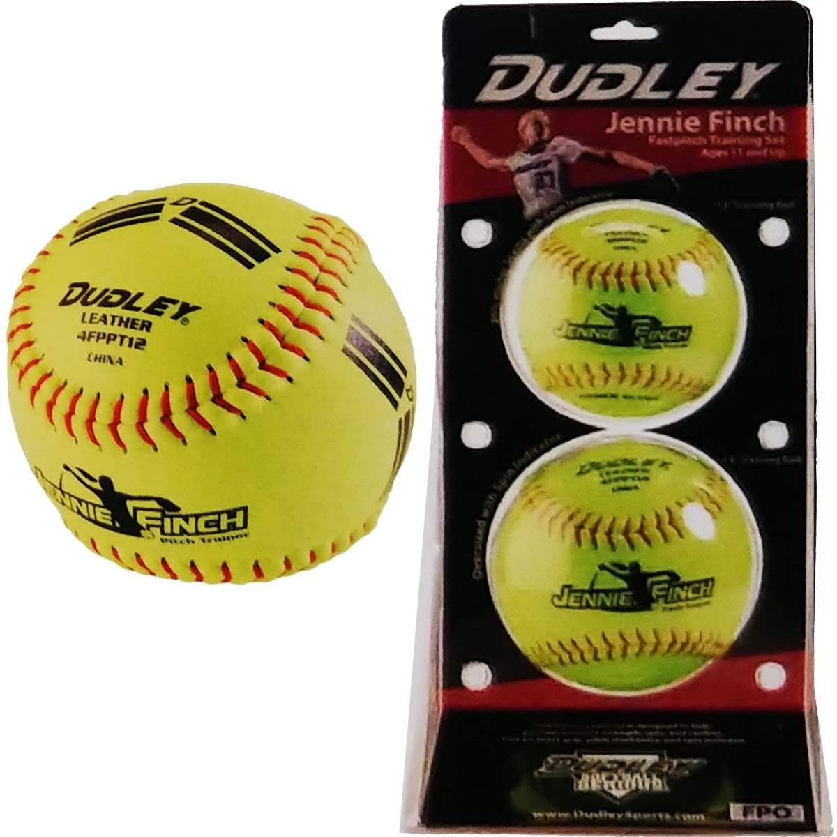 A set of two yellow Dudley Jennie Finch Training Softballs (4FPPT) with red stitching and black text is shown alongside its Dudley-branded packaging.