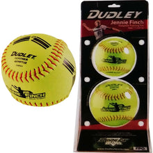 A set of two yellow Dudley Jennie Finch Training Softballs (4FPPT) with red stitching and black text is shown alongside its Dudley-branded packaging.