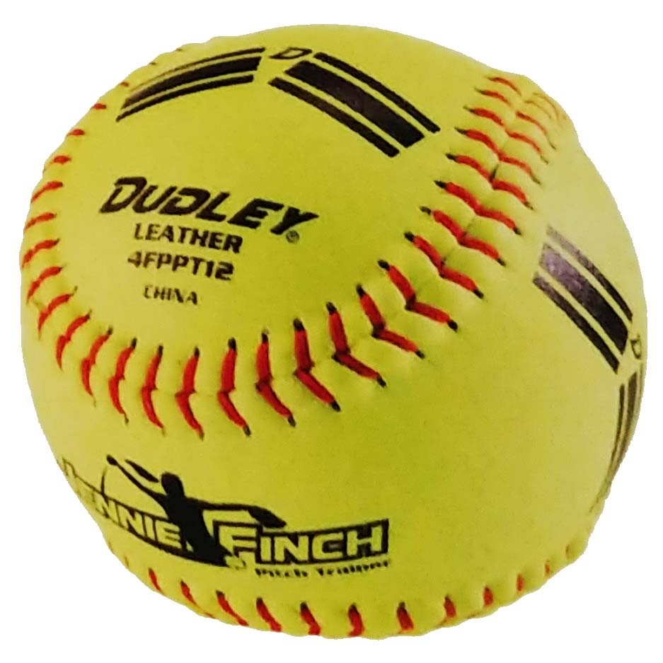 The Dudley Jennie Finch Training Softballs (Set of 2) feature yellow leather, red stitching, and black printed Jennie Finch graphics—ideal for any softball collection or fastpitch training.