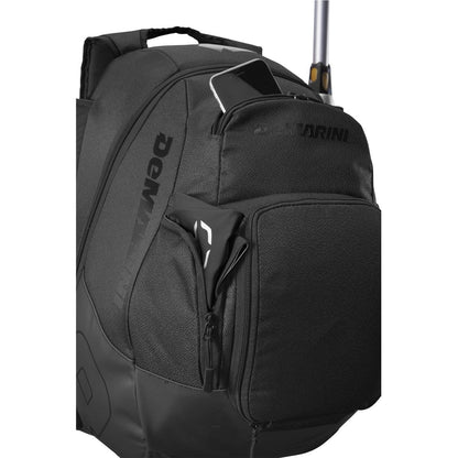 The DeMarini Voodoo OG Backpack (WB57117) in black has a small front pocket for your smartphone, a zippered side pocket ideal for sunglasses, plus a handle and wheels for easy transport.