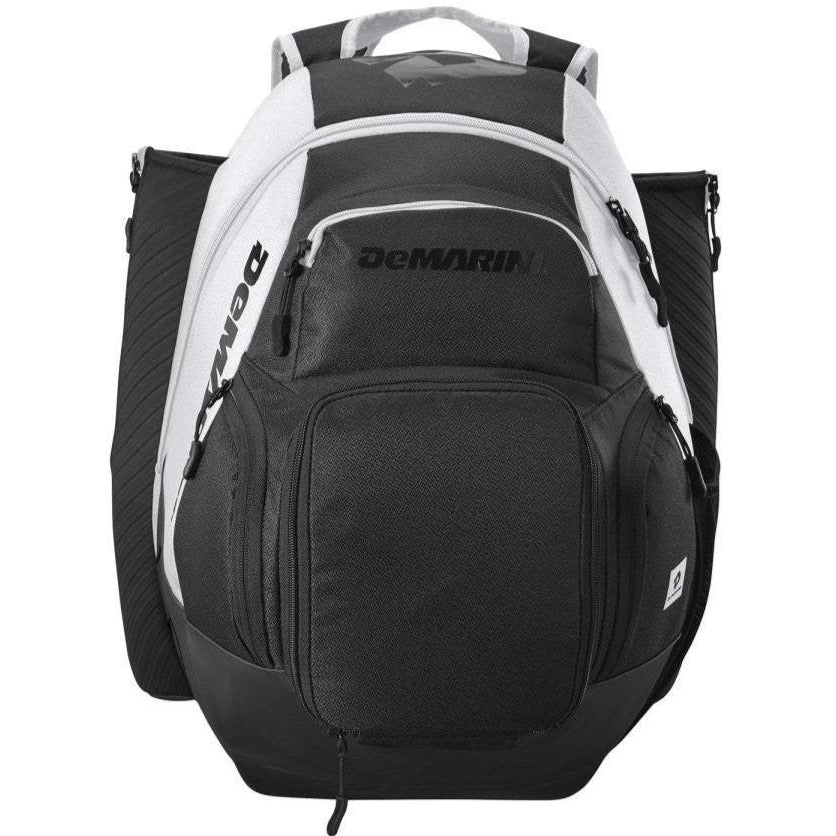 The DeMarini Voodoo OG Backpack: WB57117 features black and white design, multiple zippered compartments, side pockets, and DeMarini branding—ideal as a baseball backpack or bat bag.