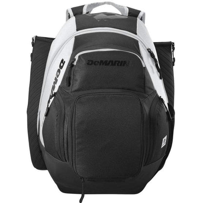 The DeMarini Voodoo OG Backpack: WB57117 features black and white design, multiple zippered compartments, side pockets, and DeMarini branding—ideal as a baseball backpack or bat bag.