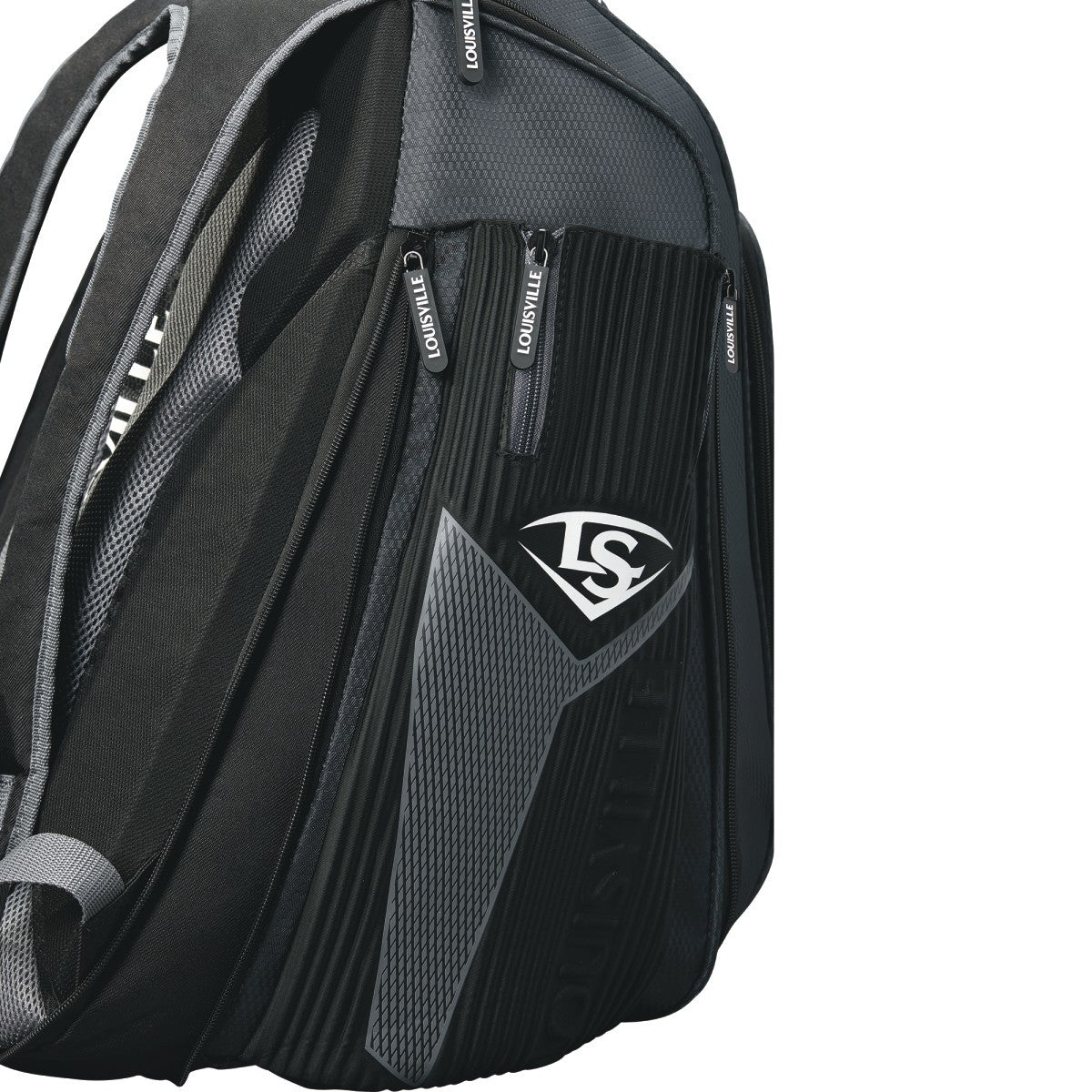 The Louisville Slugger Prime Stick Pack Backpack (WTL9902) features black and gray colors, multiple zippered compartments, padded straps, a textured design, and a prominent LS logo—perfect for baseball players.
