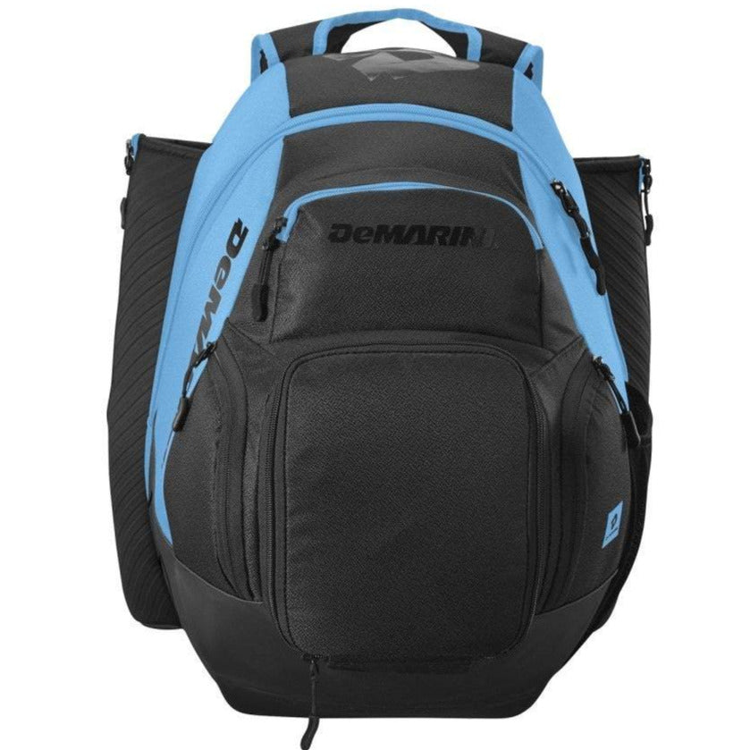 The DeMarini Voodoo OG Backpack: WB57117 features a black and light blue design, multiple zippered compartments, and side pockets. This versatile DeMarini backpack is ideal for sports or travel and shown on a white background.