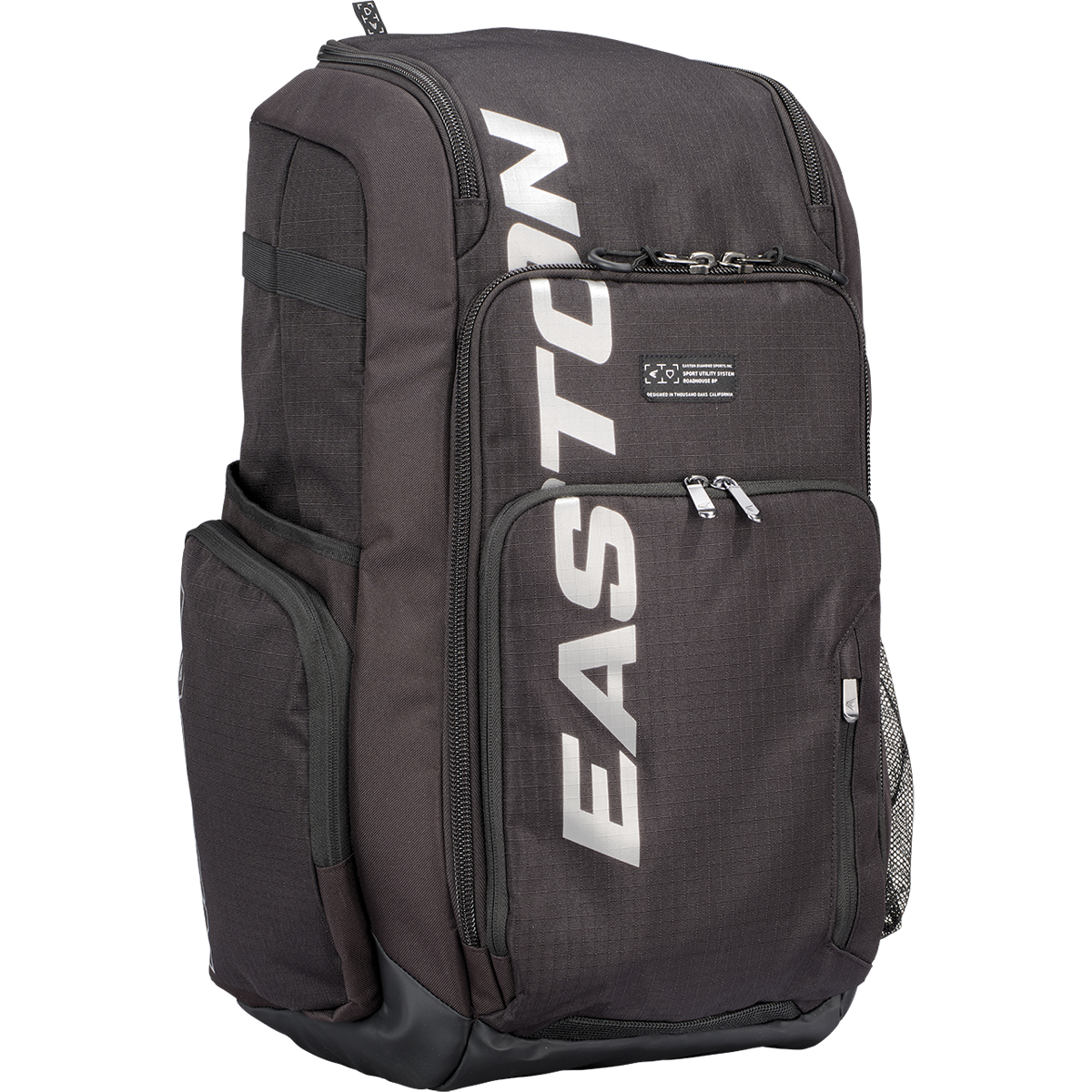 The Easton Roadhouse Backpack (EBA004) is a black Easton backpack featuring multiple zippered compartments, side pockets, and the EASTON brand name printed vertically in large white letters on the front.