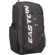 The Easton Roadhouse Backpack (EBA004) is a black Easton backpack featuring multiple zippered compartments, side pockets, and the EASTON brand name printed vertically in large white letters on the front.