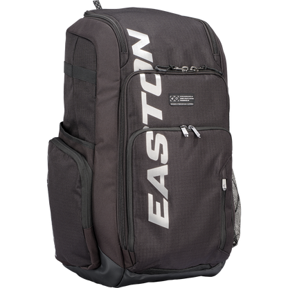 The Easton Roadhouse Backpack (EBA004) is a black Easton backpack featuring multiple zippered compartments, side pockets, and the EASTON brand name printed vertically in large white letters on the front.