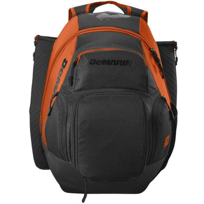 The DeMarini Voodoo OG Backpack: WB57117 is a black and orange baseball backpack with multiple zippered compartments, side pockets, and a top handle, shown against a white background.