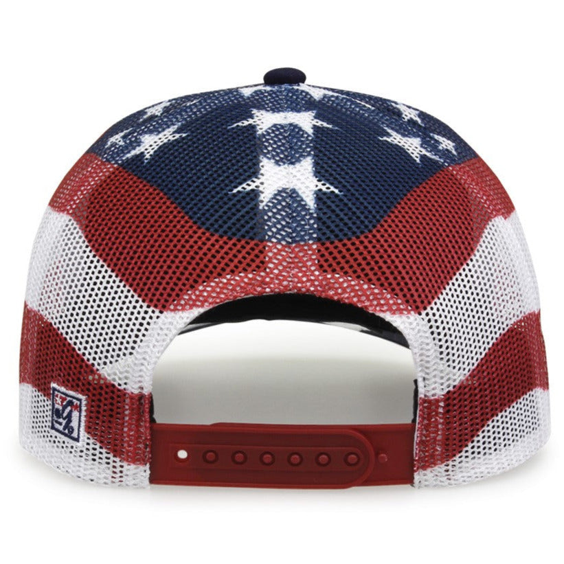 The Game Headwear NSA Classic Series USA Flag Snapback Hat (GB452US) is a mesh baseball cap with a red, white, and blue American flag design featuring white stars, stripes, and a red adjustable snapback closure.
