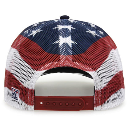 The Game Headwear NSA Classic Series USA Flag Snapback Hat (GB452US) is a mesh baseball cap with a red, white, and blue American flag design featuring white stars, stripes, and a red adjustable snapback closure.