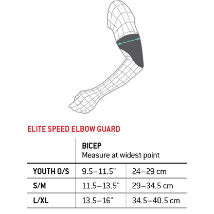Diagram showing how to measure bicep circumference for the G-Form Elite Speed Batter's Elbow Guard: EP15, with a chart listing sizes: Youth O/S (24–29 cm), S/M (29–34.5 cm), and L/XL (34.5–40.5 cm).