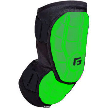 The G-Form Elite 2 Batter's Elbow Guard (EP1410) by G-Form is black with bright green SmartFlex padding, Velcro straps, and a stylized F logo centered on the green front.