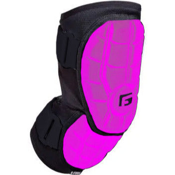 The G-Form Elite 2 Batter's Elbow Guard (EP1410) by G-Form features bright pink SmartFlex padding, black adjustable straps, and a stylized F logo—ideal for use as a batter's or baseball elbow guard.