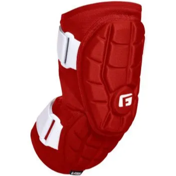 The G-Form Elite 2 Batter's Elbow Guard (EP1410) by G-Form features SmartFlex padding, a textured red surface, white adjustable straps, and a prominent F logo for advanced sports protection.