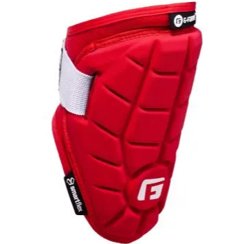 The G-Form Elite Speed Batter's Elbow Guard (EP15) is a red elbow guard with white and black G-Form logos, SmartFlex segmented padding, and an adjustable white strap for secure, comfortable wear.