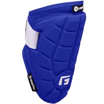 The G-Form Elite Speed Batter's Elbow Guard: EP15 is a blue padded elbow guard with a white strap, black logo tags, and advanced SmartFlex padding by G-Form, designed for protection during physical activities.