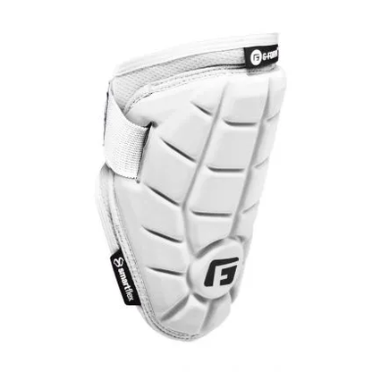 The G-Form Elite Speed Batter's Elbow Guard: EP15 is a white sports elbow guard with SmartFlex padding, padded segments, an adjustable strap, and black branding tags featuring the “G-Form” and “SmartFlex” logos.