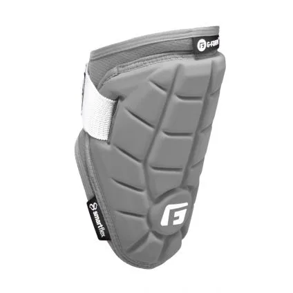The G-Form Elite Speed Batter's Elbow Guard: EP15 features gray SmartFlex padding, a white adjustable strap, and a white G logo—offering top impact protection for softball or baseball players.