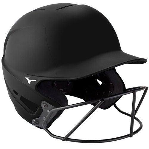 The Mizuno F6 Solid Fastpitch Batting Helmet with Mask (380395/380397) is a black helmet designed for female athletes, featuring a metal guard and fastpitch face mask for enhanced protection.