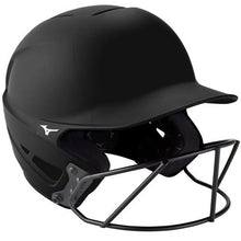 The Mizuno F6 Solid Fastpitch Batting Helmet with Mask (380395/380397) is a black helmet designed for female athletes, featuring a metal guard and fastpitch face mask for enhanced protection.