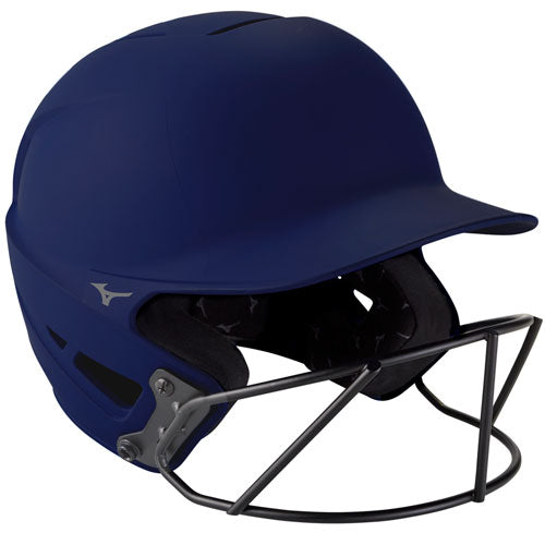 The Mizuno F6 Solid Fastpitch Batting Helmet with Mask (380395/380397) is a dark blue helmet featuring ventilation holes, a black fastpitch face mask, and padded interior lining.