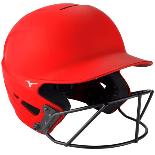 A Mizuno F6 Solid Fastpitch Batting Helmet with Mask (380395/380397), bright red with a black face mask, ventilation holes, and a small white Mizuno logo on the side.