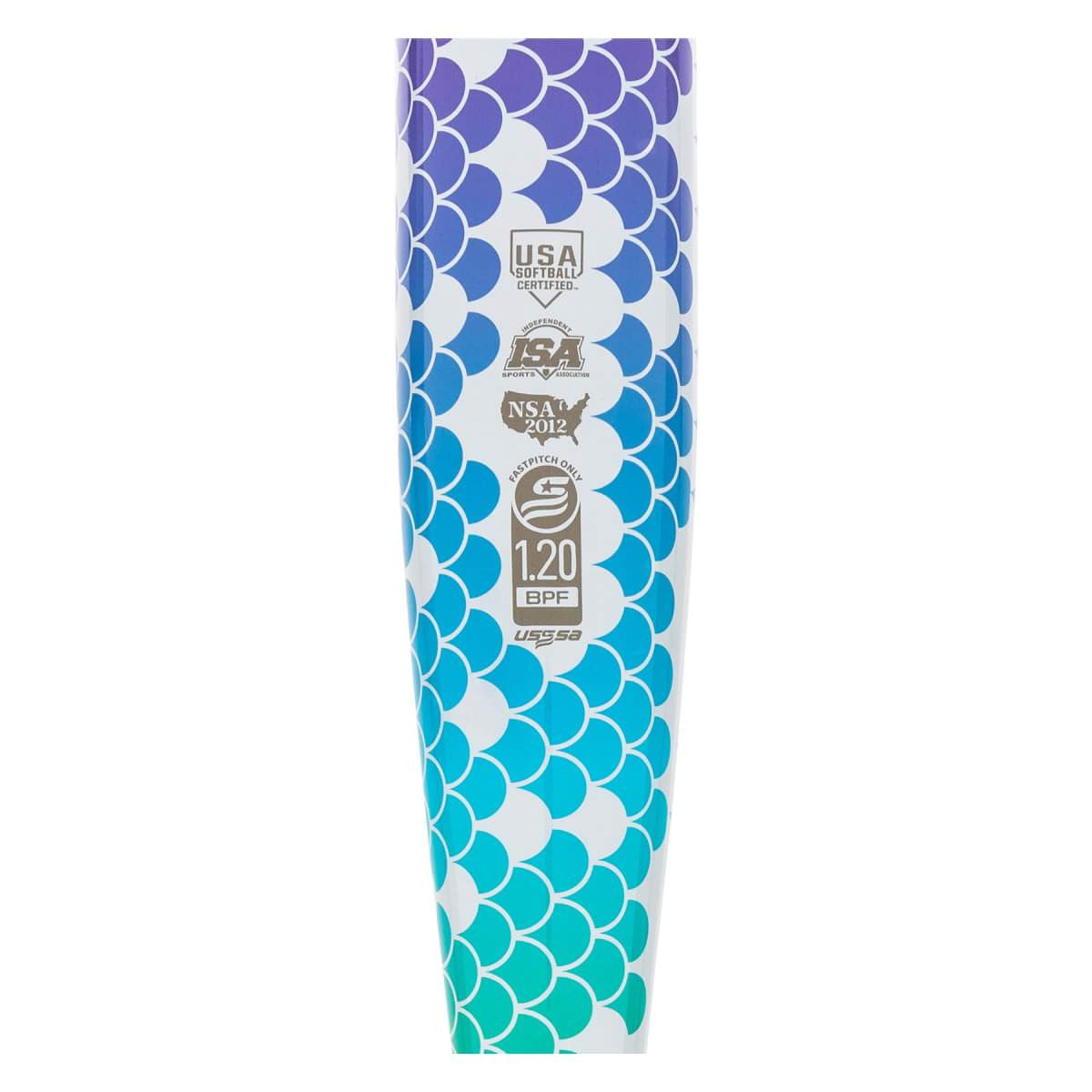 The 2022 Rip It Spark -12 Fastpitch Softball Bat by Rip It is lightweight and features a blue, teal, and purple fish-scale design. Made from 6061 aluminum alloy, it has USA Softball, ISA, NSA 2012 certifications, and a 1.20 BPF stamp.