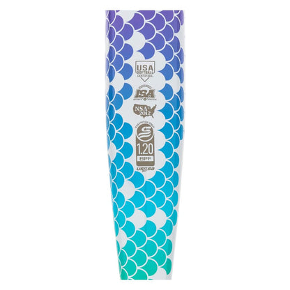 The 2022 Rip It Spark -12 Fastpitch Softball Bat by Rip It is lightweight and features a blue, teal, and purple fish-scale design. Made from 6061 aluminum alloy, it has USA Softball, ISA, NSA 2012 certifications, and a 1.20 BPF stamp.