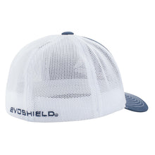 A white mesh flex-fit hat with a navy blue bill, the EvoShield USA Flex Fit Hat (WTV1035320410) features "EVOSHIELD" embroidered in navy on the lower left back, offering a stylish look from both the back and side.