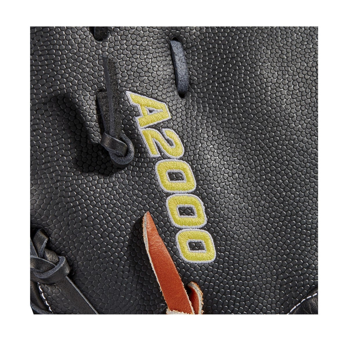 Close-up of the Wilson A2000 SC1620SS 12.5" SuperSkin First Base Mitt (WBW100123125), featuring black textured leather, brown and black laces, yellow and white "A2000" embroidery, and advanced SpinControl Technology.