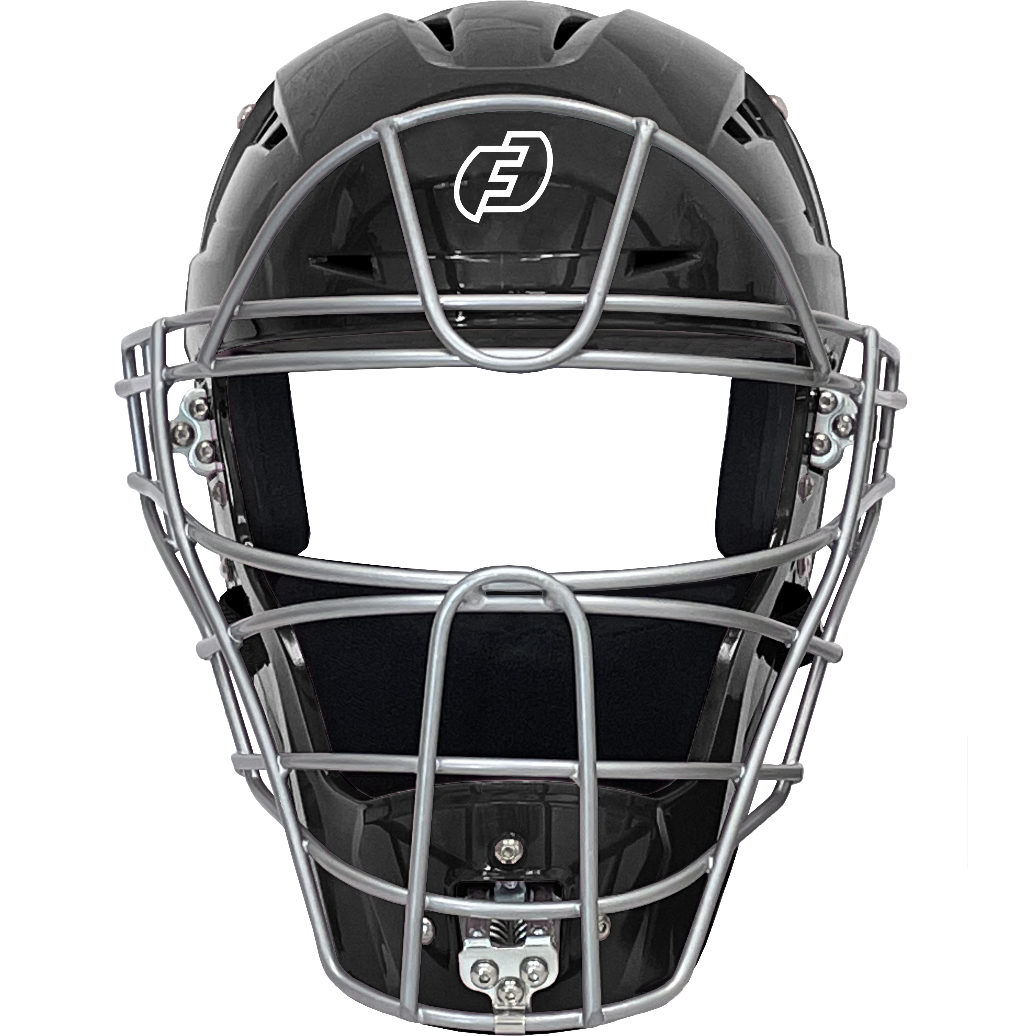 The Force3 Hockey Style Defender Catcher's Helmet: BD22 is displayed front-on against a white background, featuring a black shell, silver metal faceguard, and a white Force3 "F" logo on the forehead.