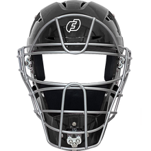 The Force3 Hockey Style Defender Catcher's Helmet: BD22 is displayed front-on against a white background, featuring a black shell, silver metal faceguard, and a white Force3 "F" logo on the forehead.