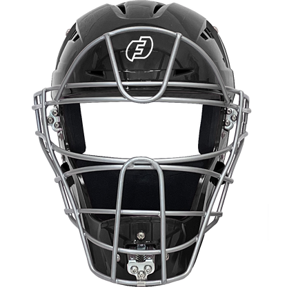 The Force3 Hockey Style Defender Catcher's Helmet: BD22 is displayed front-on against a white background, featuring a black shell, silver metal faceguard, and a white Force3 "F" logo on the forehead.