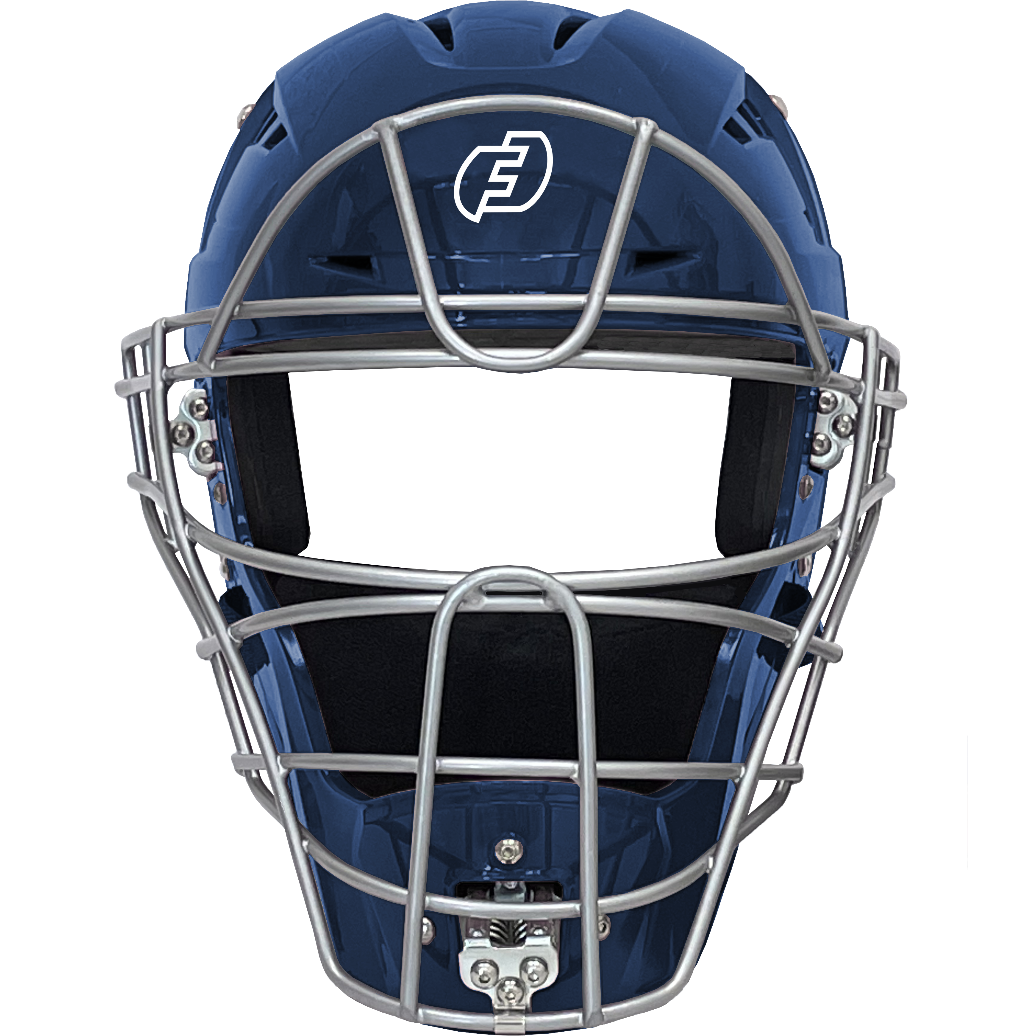 The Force3 Hockey Style Defender Catcher's Helmet: BD22 is a blue helmet with a silver metal faceguard, black padding, and a white F logo on the forehead, providing umpire safety against a plain light background.