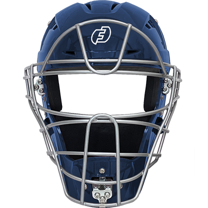 The Force3 Hockey Style Defender Catcher's Helmet: BD22 is a blue helmet with a silver metal faceguard, black padding, and a white F logo on the forehead, providing umpire safety against a plain light background.