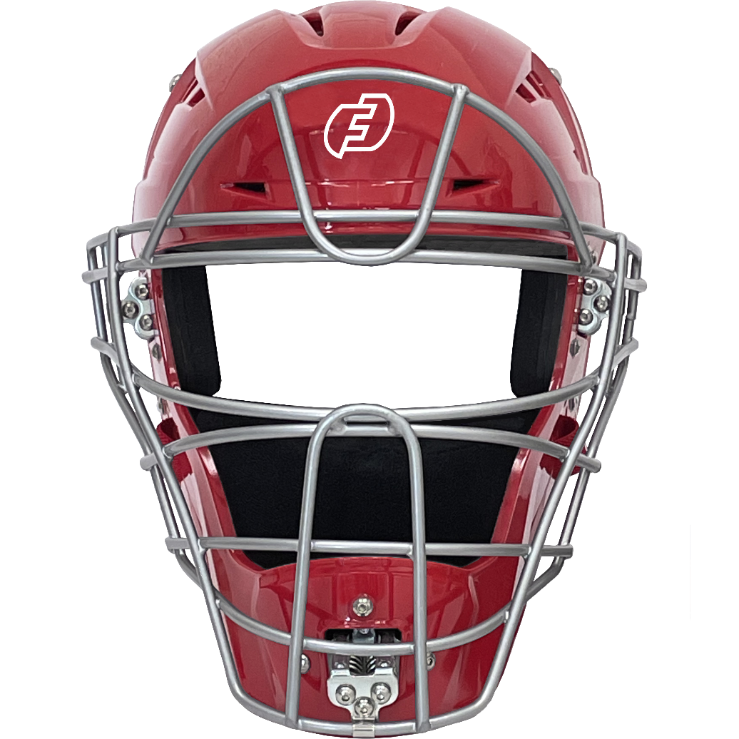 The Force3 Hockey Style Defender Catcher's Helmet: BD22 features a red shell, metallic silver faceguard, and a white Force3 logo on the front, shown against a plain white background.