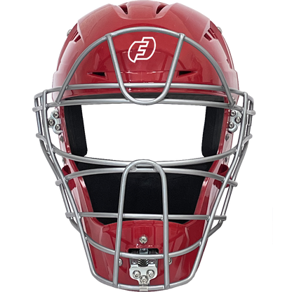 The Force3 Hockey Style Defender Catcher's Helmet: BD22 features a red shell, metallic silver faceguard, and a white Force3 logo on the front, shown against a plain white background.