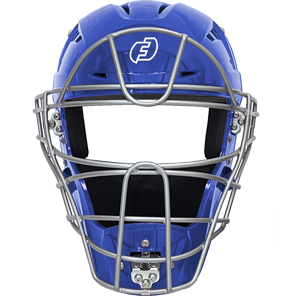 The Force3 Hockey Style Defender Catcher's Helmet: BD22 features a blue design with a metal face guard and white logo, shown front view on a plain white background, ensuring ultimate safety for umpires.