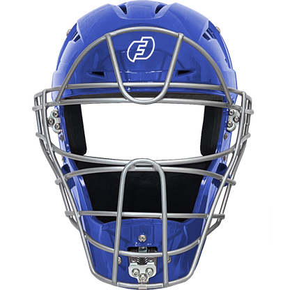 The Force3 Hockey Style Defender Catcher's Helmet: BD22 features a blue design with a metal face guard and white logo, shown front view on a plain white background, ensuring ultimate safety for umpires.
