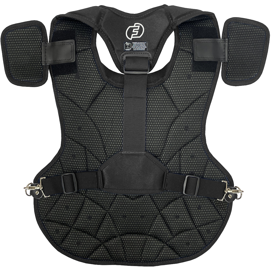 The Force3 NOCSAE Certified Catcher's Chest Protector with DuPont Kevlar: BC11 is a black, padded chest protector with shoulder pads, adjustable straps, mesh panels for breathability, and reinforced stitching for durability.