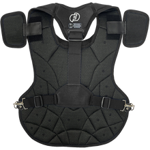 The Force3 NOCSAE Certified Catcher's Chest Protector with DuPont Kevlar: BC11 is a black, padded chest protector with shoulder pads, adjustable straps, mesh panels for breathability, and reinforced stitching for durability.