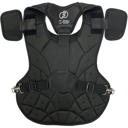The Force3 NOCSAE Certified Catcher's Chest Protector with DuPont Kevlar: BC11 is a black, padded chest protector with shoulder pads, adjustable straps, mesh panels for breathability, and reinforced stitching for durability.